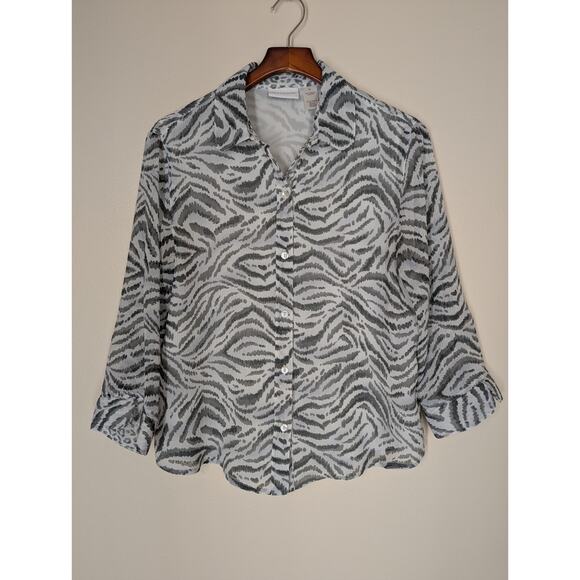 ALFRED DUNNER Zebra Print Blouse Size 12 Grey White 3/4 Sleeve Button Shirt Top - Picture 1 of 13